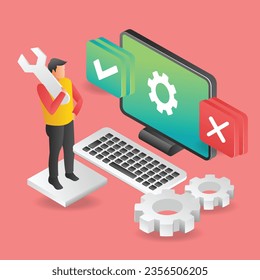 Isometric illustration flat concept of man servicing software update