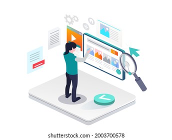 Isometric Illustration Flat Concept. Search And Select Information Images