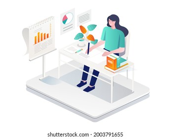 Isometric illustration flat concept. woman reading a book on the table