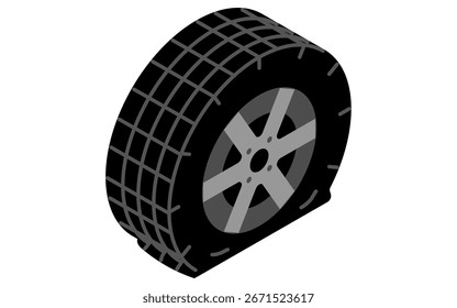 Ilustración isométrica de un neumático pinchado, neumático de coche pinchado con la pisada detallada, rueda dañada mostrada en perspectiva, simple, blanco y negro, Ilustración vectorial