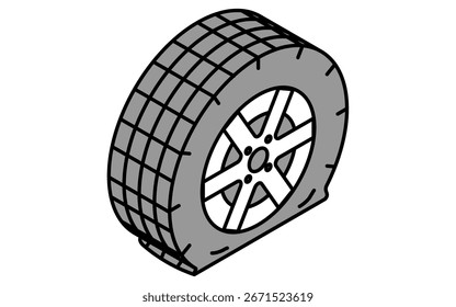 Ilustración isométrica de un neumático pinchado, neumático de coche pinchado con la pisada detallada, rueda dañada mostrada en perspectiva, dibujo de línea simple, blanco y negro, Ilustración vectorial