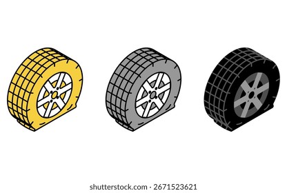 Ilustración isométrica de un neumático pinchado, neumático de coche pinchado con la pisada detallada, rueda dañada mostrada en perspectiva, dibujo de línea simple, Ilustración vectorial