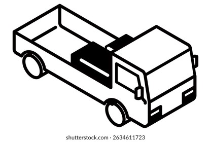 Isometric illustration of a flat-bodied truck with cargo on the back, simple black and white line drawing, Vector Illustration