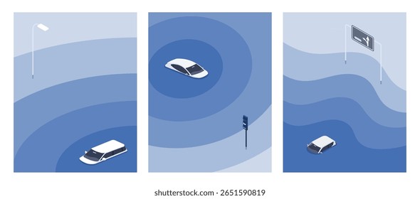 Ilustração isométrica de ruas inundadas em uma cidade inteligente. Veículos e sistemas de tráfego submersos sob a água, refletindo a catástrofe climática e a falha da infraestrutura.