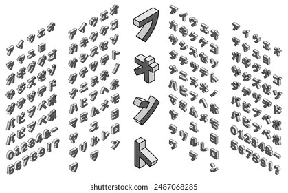 Isometric illustration: font (Katakana) outline