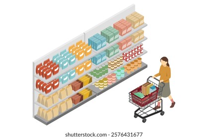 Isometric illustration: food shelves and a woman pushing a shopping cart