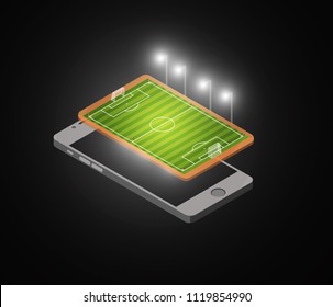 isometric illustration with football field and phone. Creative illustration for sport app. sign for Sport data app or for game app 