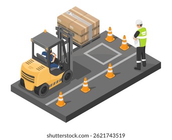 Ilustração isométrica de treinamento de operação de empilhadeira com cones de segurança e monitoramento de supervisor no ambiente de armazém industrial