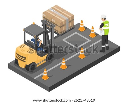 Isometric illustration of forklift operation training with safety cones and supervisor monitoring in industrial warehouse setting