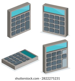Isometric illustration of four sleek digital calculators with blue displays