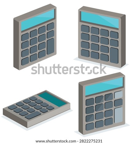 Isometric illustration of four sleek digital calculators with blue displays