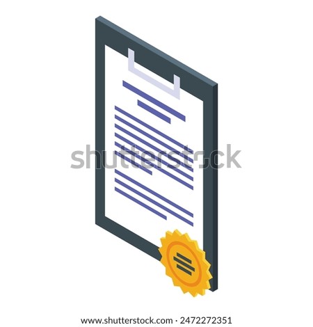 Isometric illustration of a framed diploma certificate with a golden seal