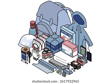 Isometric illustration of a full emergency kit including backpack water food hygiene items raincoat and more