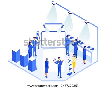 Isometric illustration of a futuristic presentation booth with a large screen, perfect for exhibitions, product launches and corporate events.
