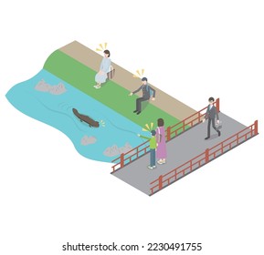 It is an isometric illustration of a giant salamander resting and swimming with people in the Kamo River in Kyoto.