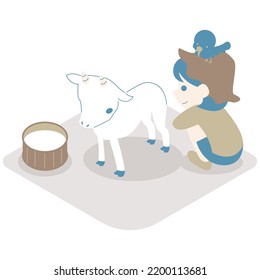 It is an isometric illustration of a girl who enjoys interacting with goats.