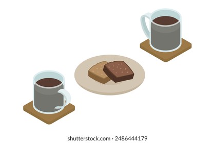 Isometric illustration: glass mug and pound cake