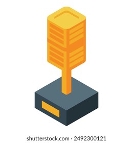 Ilustración isométrica de un rack de servidor dorado situado en una plataforma, que representa el almacenamiento y procesamiento de datos
