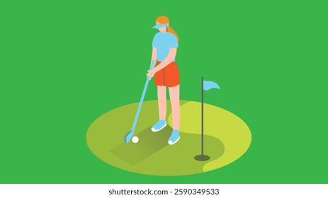 isometric illustration of a golf player in action, poised to swing their club on the green