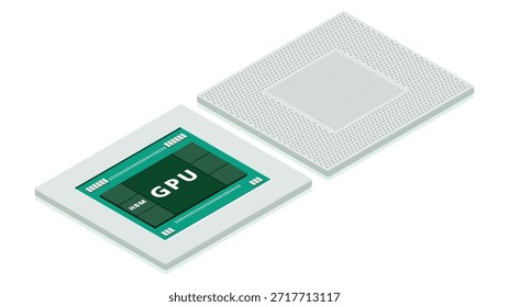 Isometric illustration of a GPU package mounted on a board with HBM memory. Shows the physical layout of GPU and high bandwidth memory used for AI workloads, data center acceleration, and semiconductor learning materials