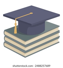 Isometric illustration of a graduation cap placed on a pile of hardcover books