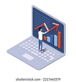 a isometric illustration of graph , calculator,laptopPC and human