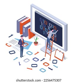 a isometric illustration of graph ,degital,PC and human	