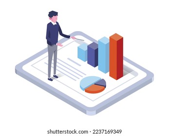 a isometric illustration of graph ,tabletPC ,smartphone and human