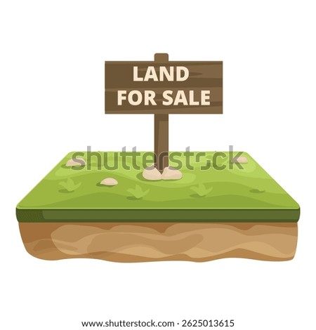 Isometric illustration of a grassy land plot with a wooden land for sale sign