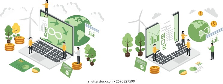 Isometric illustration of a green business approach with a focus on sustainability, renewable energy, and environmental responsibility. 