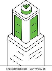 Isometric illustration of a green eco-friendly building, featuring a rooftop garden and green accents on its facade, suggesting sustainable design and enviro...