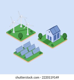 isometric illustration of green energy including solar panel,wind turbine and green house