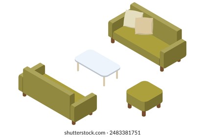 Isometric illustration: green sofa and white table