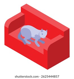 Isometric illustration of a grey cat sleeping on a red sofa
