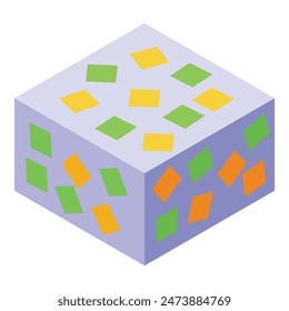 Isometric illustration of a grey cube adorned with a pattern of green and orange squares