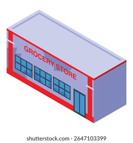Isometric illustration of a grocery store exterior with large windows and a sign