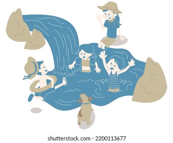 It Is An Isometric Illustration Of A Guardian Watching Over Children Playing Happily In The River.