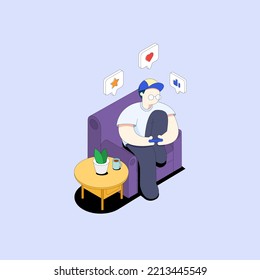 isometric illustration of a guy sitting on chair holding and using cellphone for searching data and social media on internet