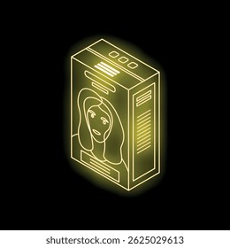 Isometric illustration of a hair dye box with a woman's face on it glowing on a black background