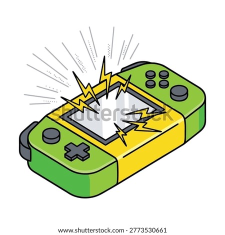 Isometric illustration of a handheld game console with a cracked screen and lightning bolts emanating from the damage.