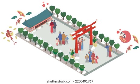 It is an isometric illustration of happy people going to a shrine for New Year's visit.