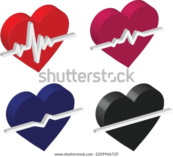 Isometric Illustration heart and ECG EKG signal set,\
Heart Beat pulse line concept design isolated on white background\
Heartbeat line. Pulse trace. EKG and Cardio symbol. Healthy and\
Medical concept. 