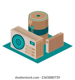 Isometric illustration of heating. pump with heat tank and heater. Ecological technology, renewable energy, heat pump with accessories.