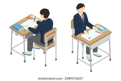 Isometric illustration: high school boy studying at a school desk