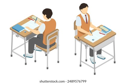 Isometric illustration: high school boy studying at a school desk (summer)