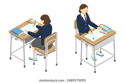 Isometric illustration: high school girl studying at a school desk