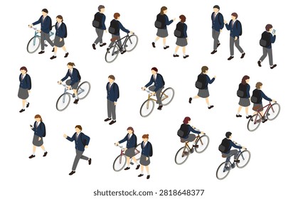 Isometric illustration: high school students (boy and girl) commuting to and from school (winter uniform)