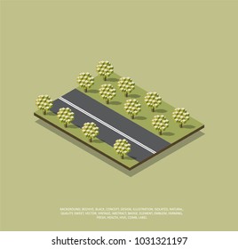 Isometric illustration of high-speed road 3D vector graphics. Concept travel, tree and garden near the road. Vector Freeway