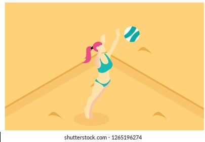 isometric illustration of hitting beach volleyball position, web landing, flat design, vector illustration