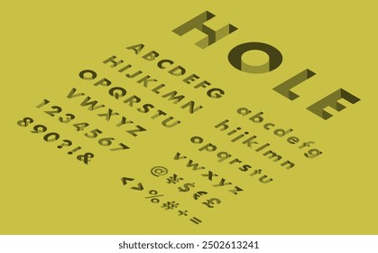 Isometric illustration: hole alphabet font left set (yellow)